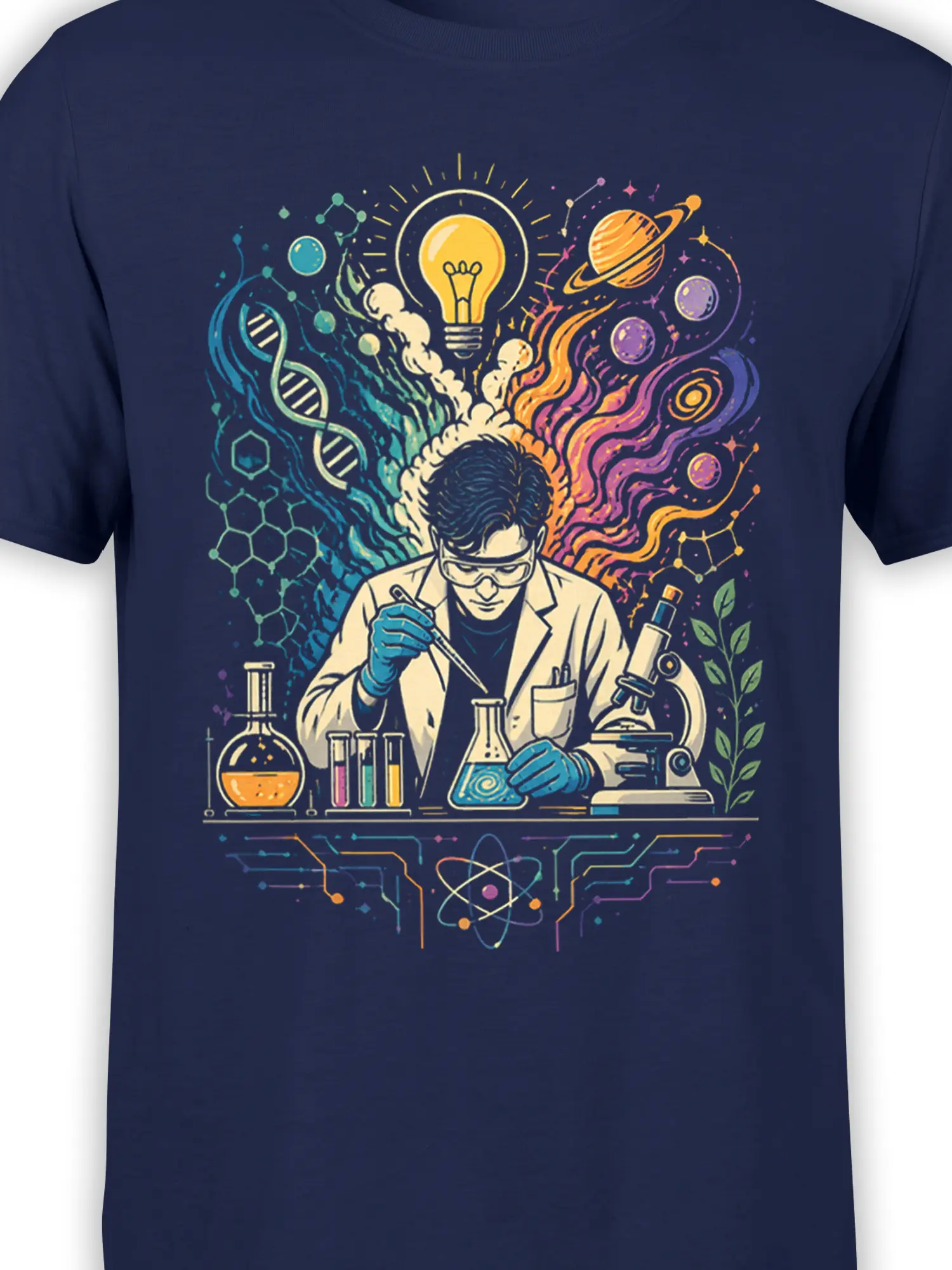 Close-up of scientist lab artwork with microscope, test tubes, DNA, and colorful planets on navy