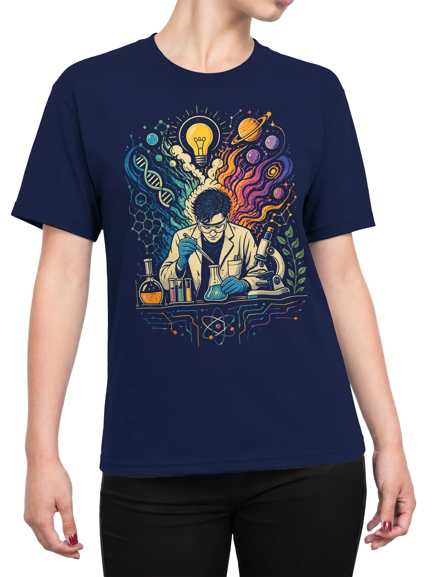 Female torso wearing a navy T-shirt with colorful scientist, microscope, DNA, and planet artwork