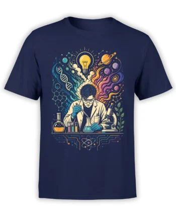 Colorful scientist graphic with microscope, DNA, planets, and light bulb on a navy T-shirt