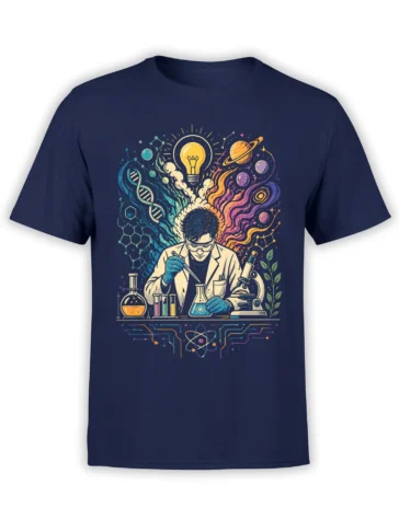 Colorful scientist graphic with microscope, DNA, planets, and light bulb on a navy T-shirt