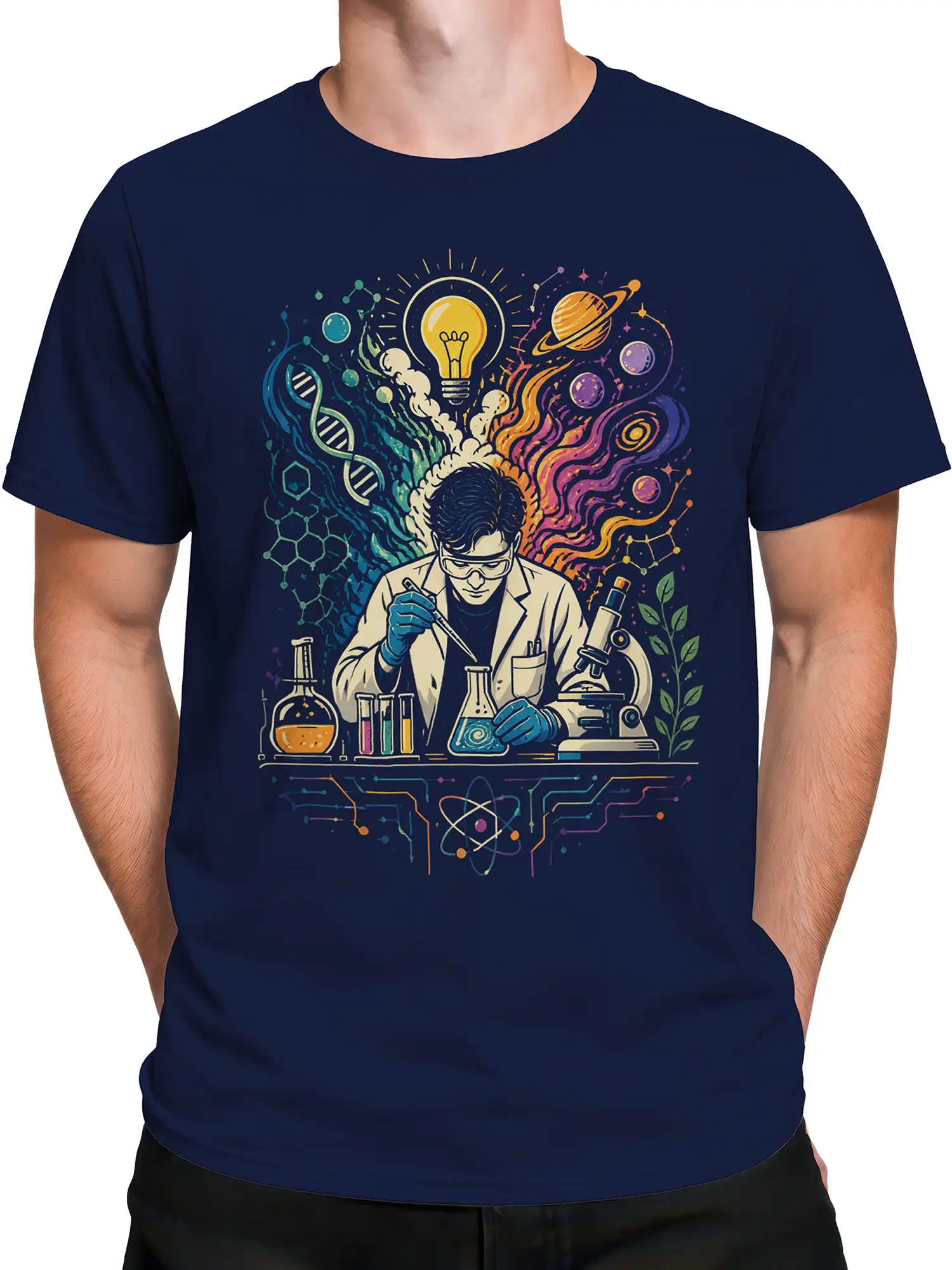 Male torso wearing a navy T-shirt with colorful scientist laboratory and space artwork