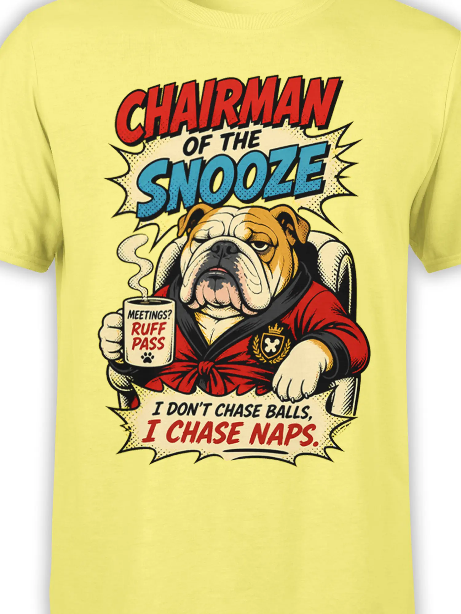 Close-up of sleepy bulldog artwork and nap humor lettering on a yellow dog graphic tee