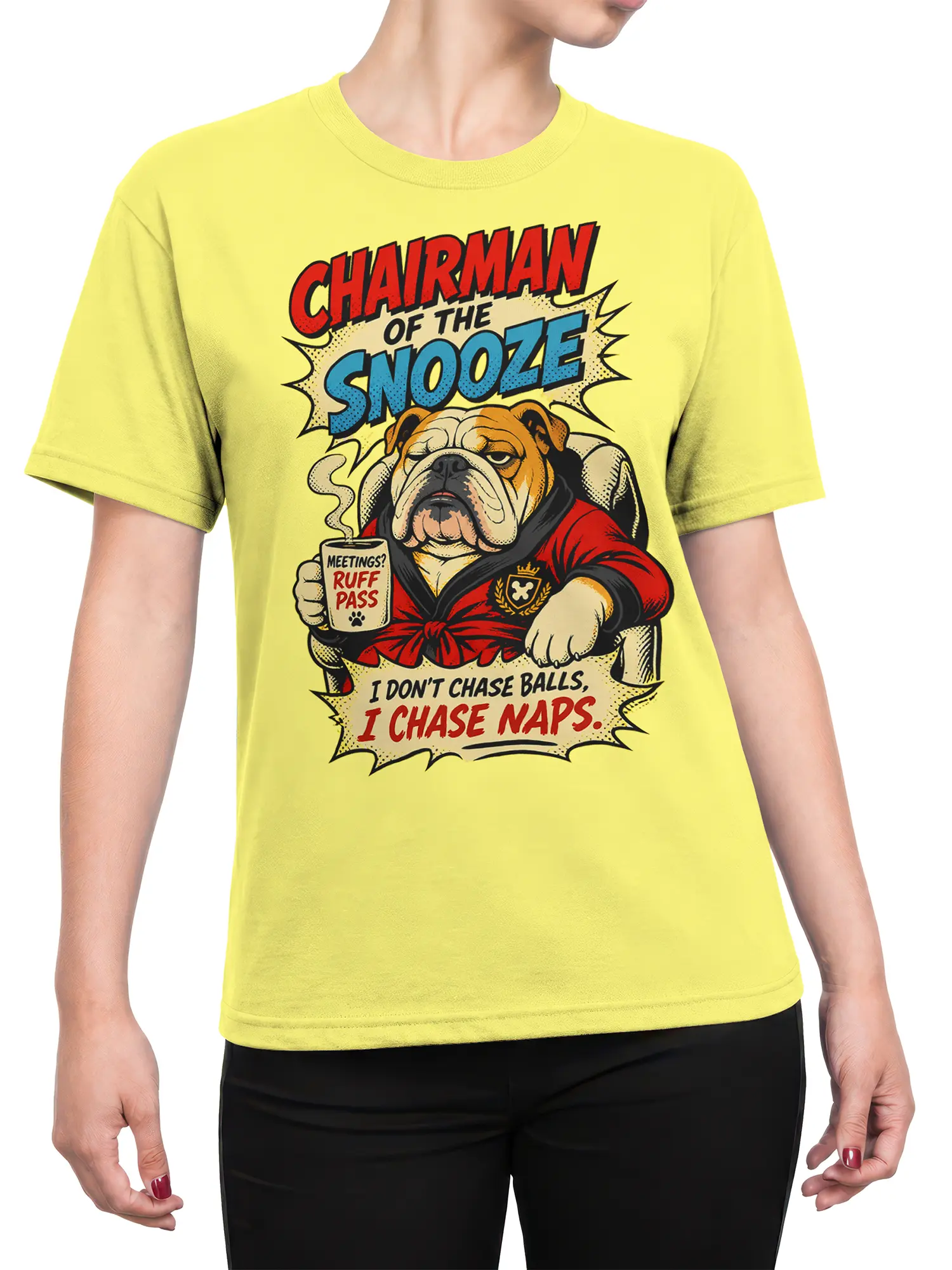 Female torso wearing a yellow bulldog graphic tee with Chairman of the Snooze nap design