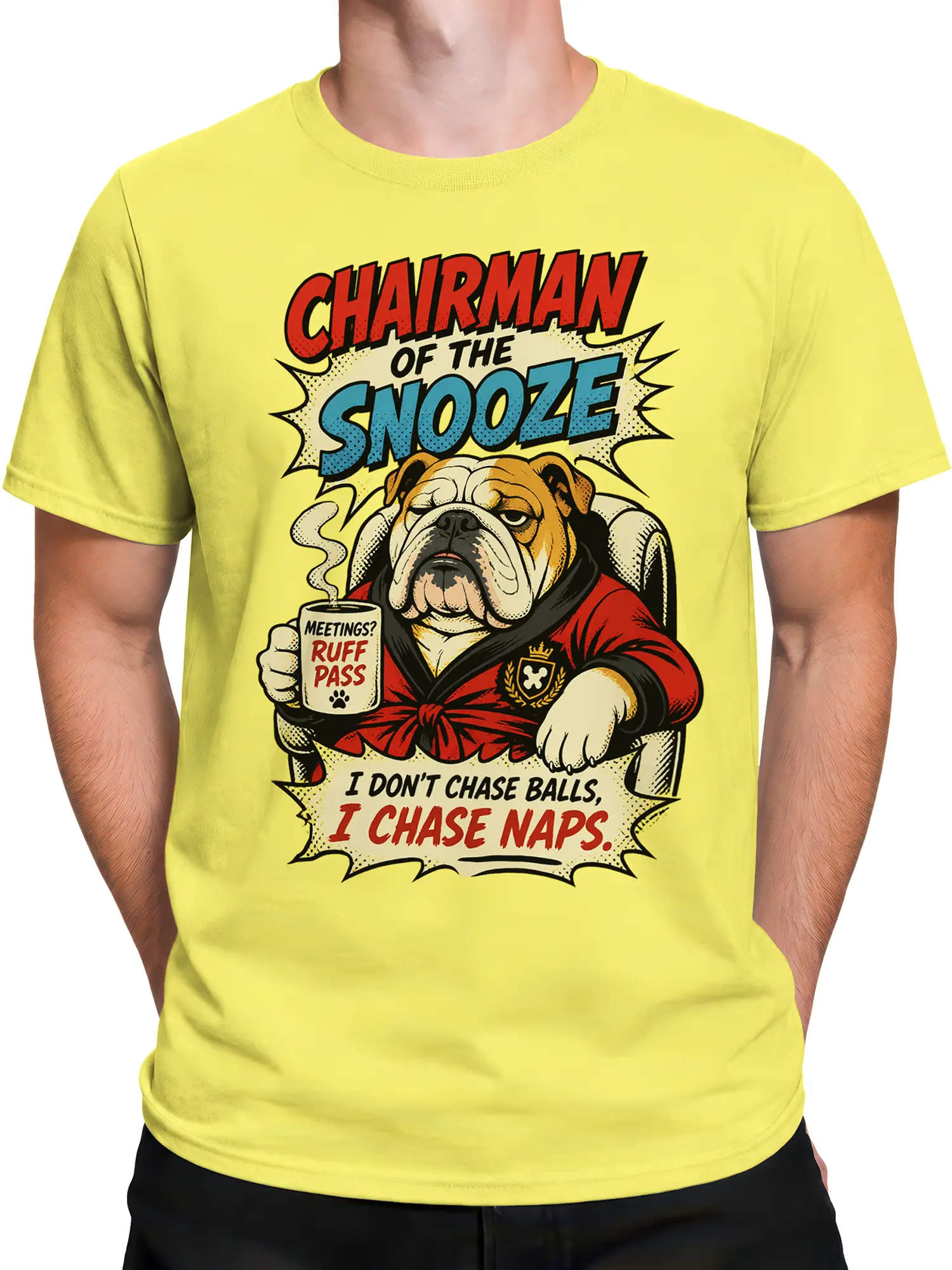 Male torso wearing a yellow bulldog T-shirt with funny meeting and nap artwork