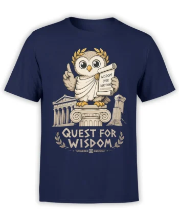 Wise owl graphic on a navy shirt with classical columns, laurel leaves, and a Quest for Wisdom message