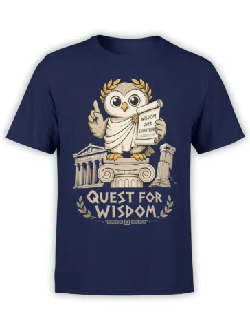 Wise owl graphic on a navy shirt with classical columns, laurel leaves, and a Quest for Wisdom message