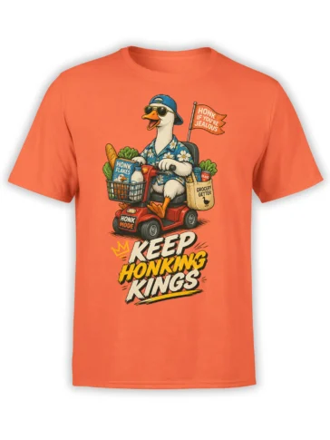 Funny goose grocery getter riding a mobility scooter with bold honking slogans on an orange T-shirt
