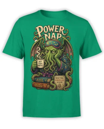 Green T-shirt with a sleepy winged tentacled monster, books, coffee mug, and cancelled meeting text