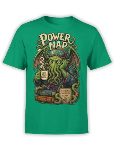Green T-shirt with a sleepy winged tentacled monster, books, coffee mug, and cancelled meeting text
