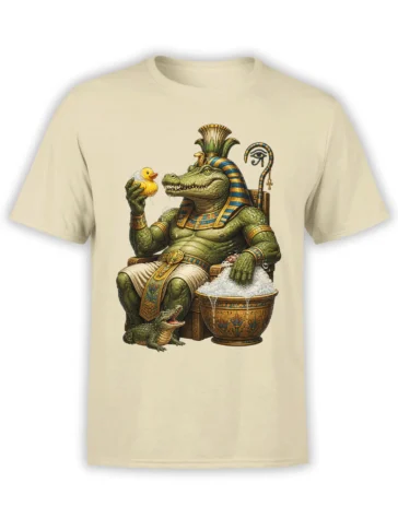 Egyptian crocodile ruler holding a yellow rubber duck beside a bubbling basin on a beige T-shirt