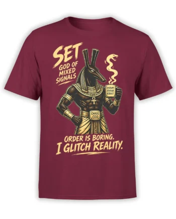 Burgundy T-shirt with an Egyptian jackal god, steaming mug, ankh, and chaos-themed lettering