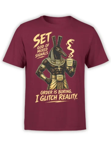 Burgundy T-shirt with an Egyptian jackal god, steaming mug, ankh, and chaos-themed lettering