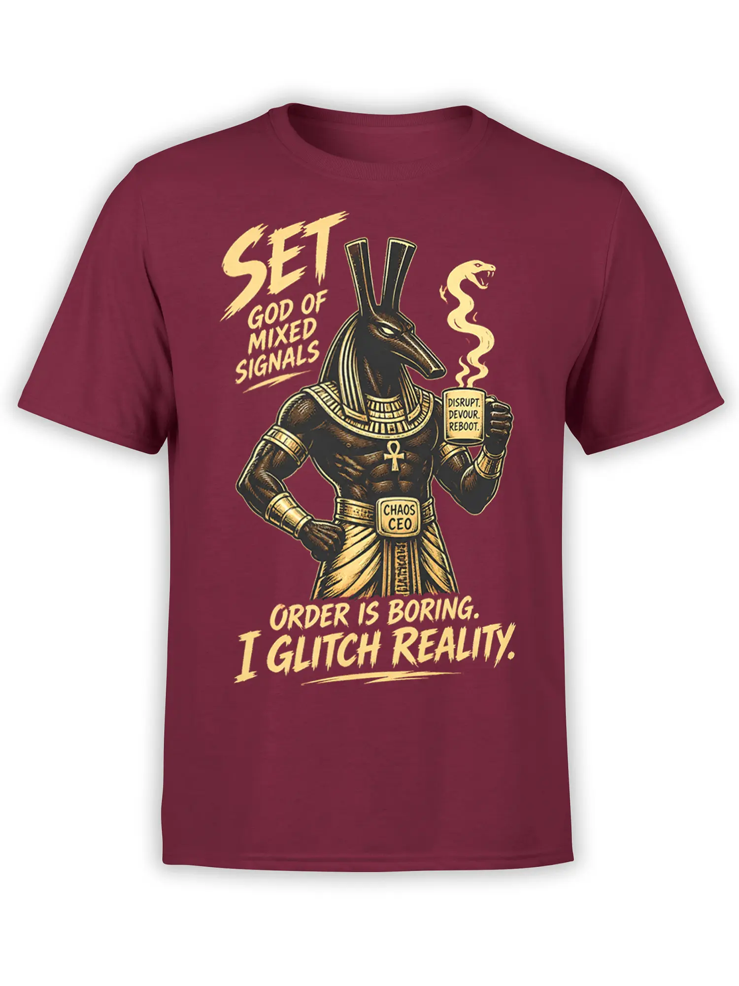 Burgundy T-shirt with an Egyptian jackal god, steaming mug, ankh, and chaos-themed lettering