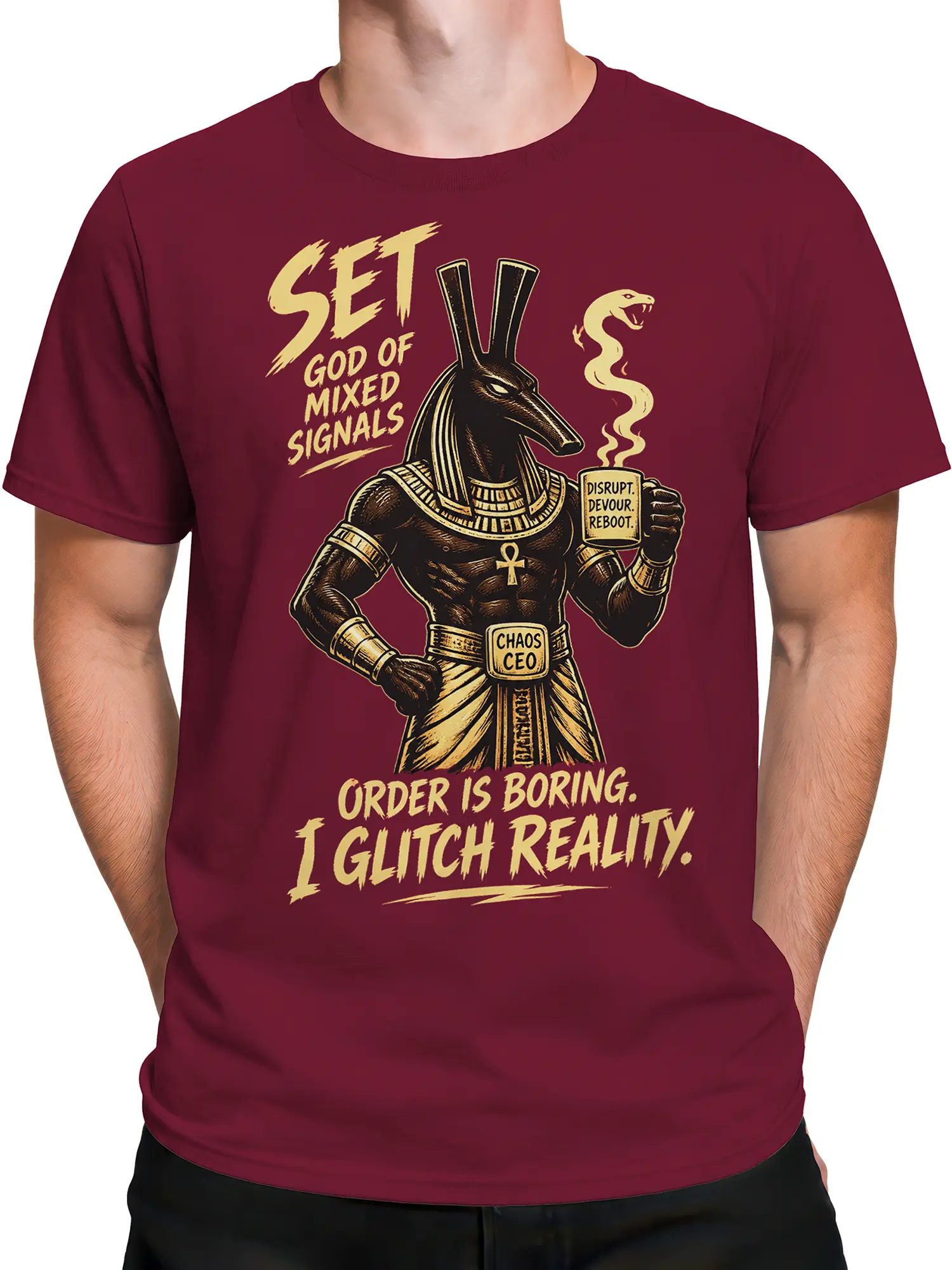 Male torso wearing a burgundy T-shirt with Egyptian jackal god artwork and bold chaos lettering