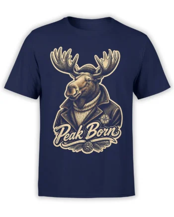 Vintage Peak Born moose graphic on a navy T-shirt with antlers, compass, and pine branches