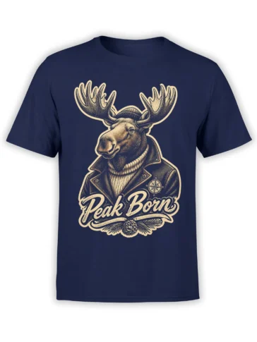 Vintage Peak Born moose graphic on a navy T-shirt with antlers, compass, and pine branches