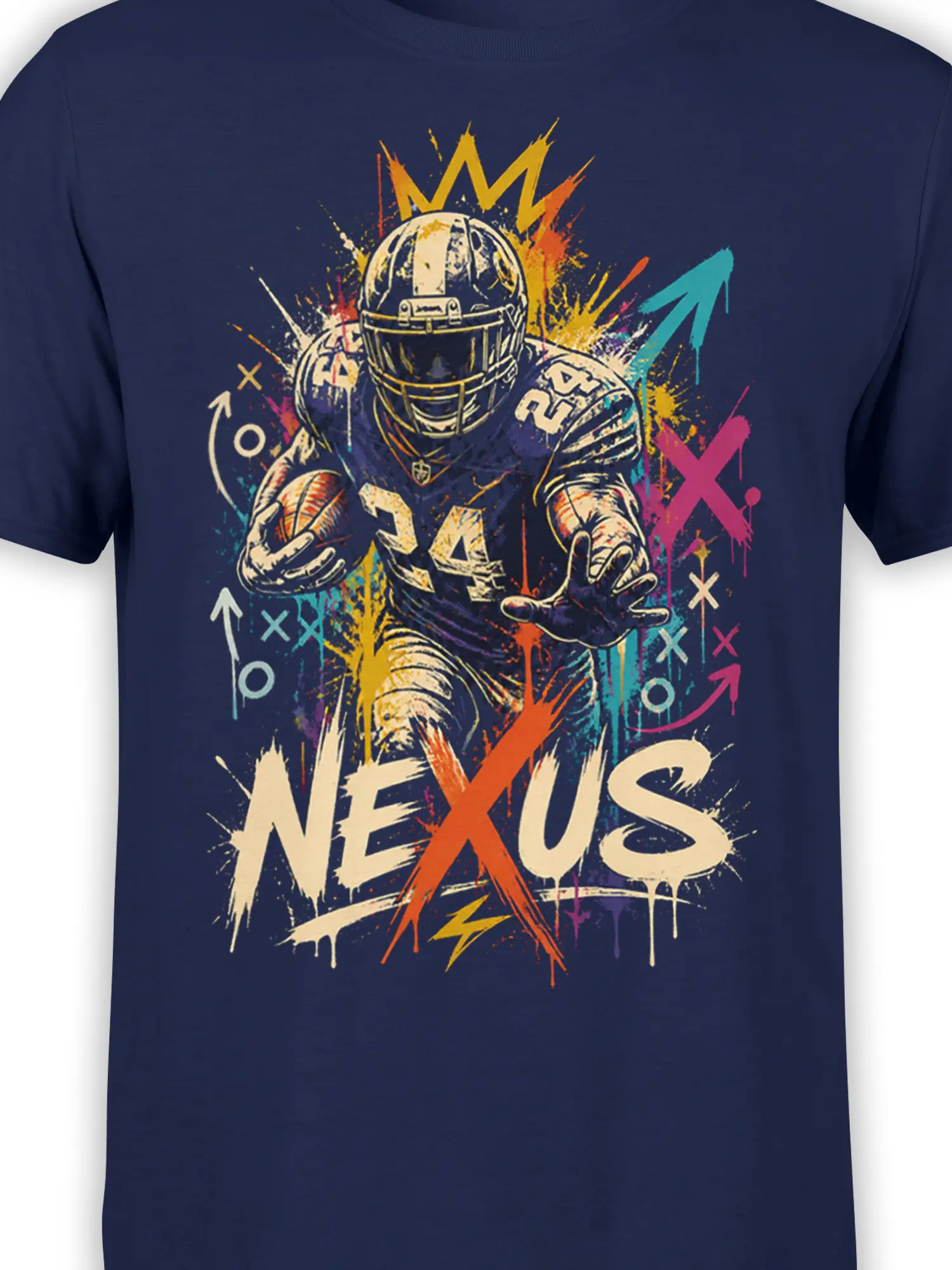 Close-up of the number 24 football player graphic and colorful NEXUS artwork on navy fabric