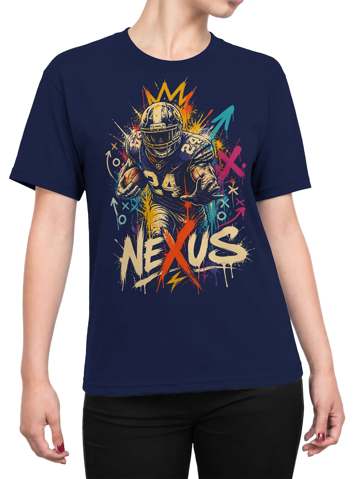 Female torso wearing a navy T-shirt with an armored number 24 football player and NEXUS graphic