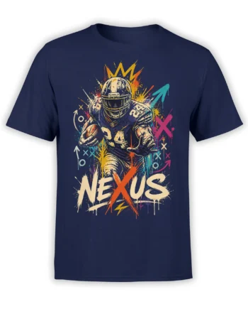 Armored football player number 24 graphic with colorful NEXUS lettering on a navy T-shirt