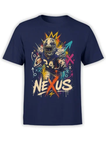 Armored football player number 24 graphic with colorful NEXUS lettering on a navy T-shirt