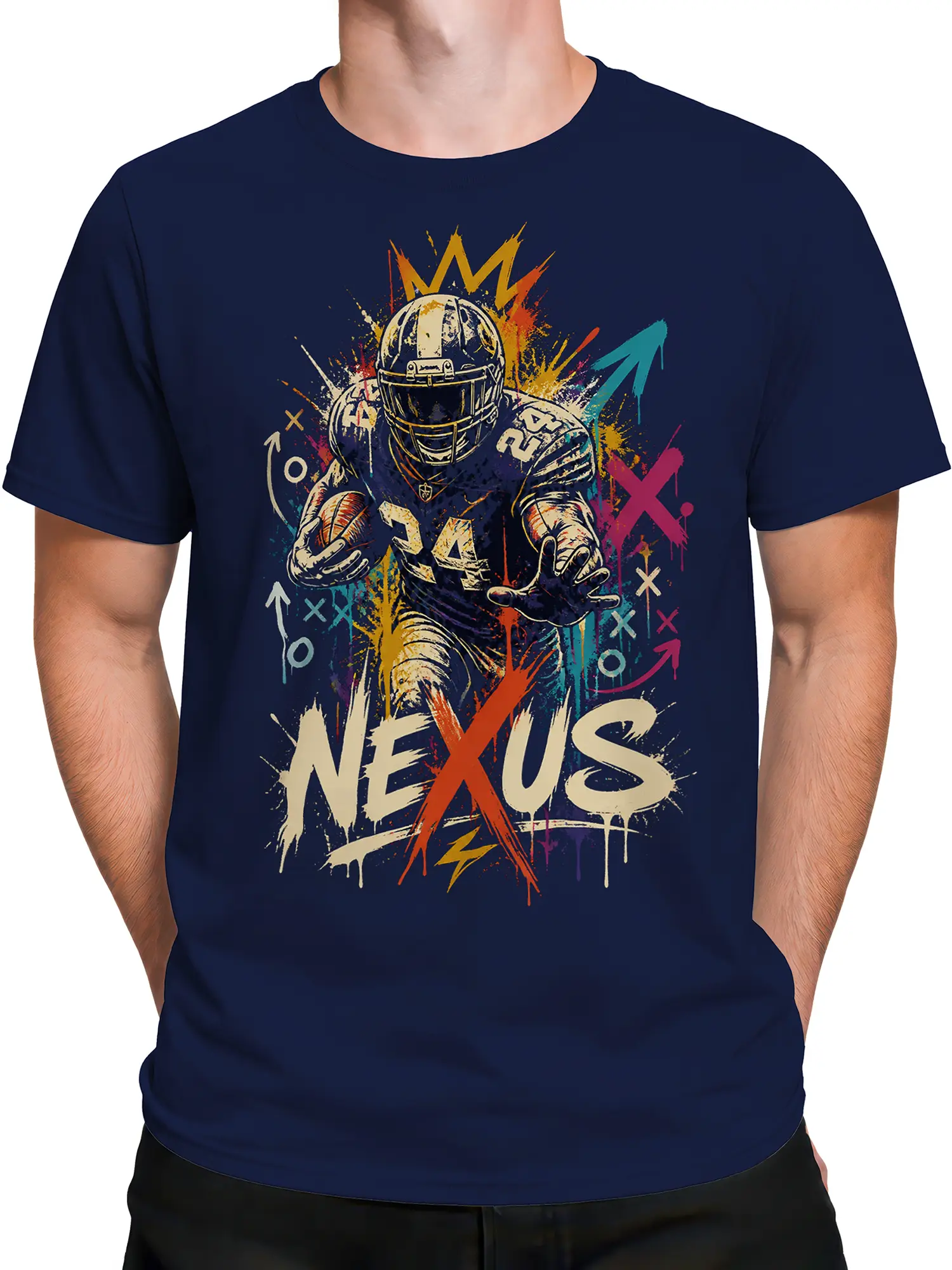 Male torso wearing a navy T-shirt with colorful armored football player and NEXUS design