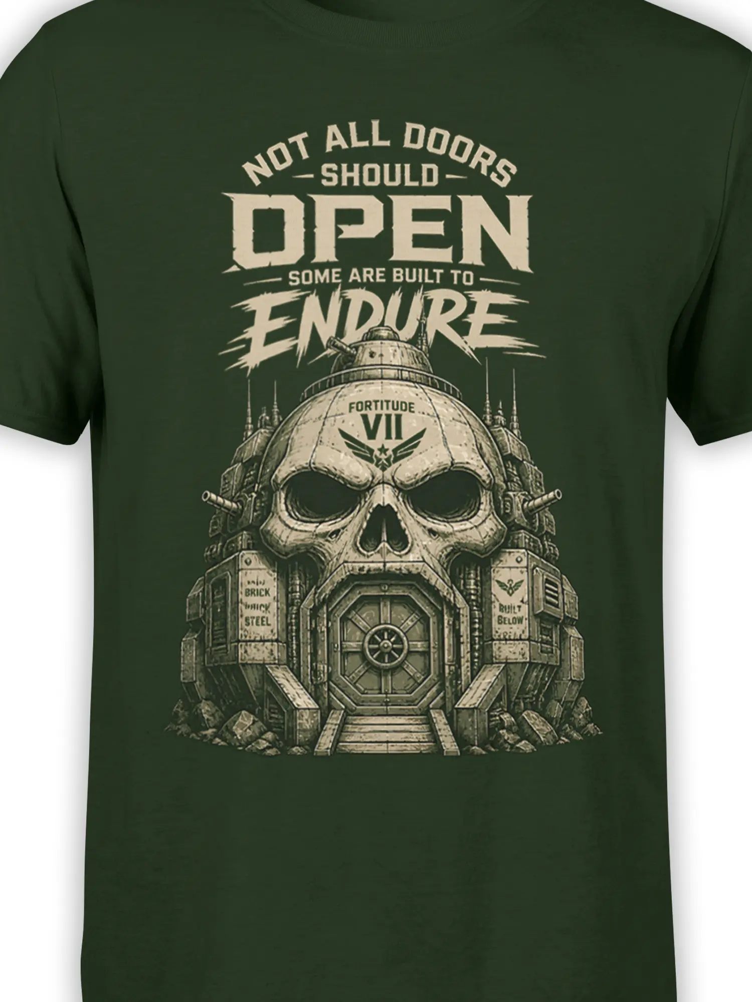Close-up of the cream skull fortress graphic and endurance text on a dark green T-shirt