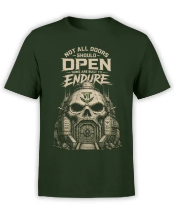 Dark green T-shirt with a cream skull fortress, sealed door, and “Not All Doors Should Open” artwork
