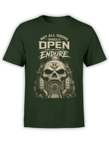 Dark green T-shirt with a cream skull fortress, sealed door, and “Not All Doors Should Open” artwork