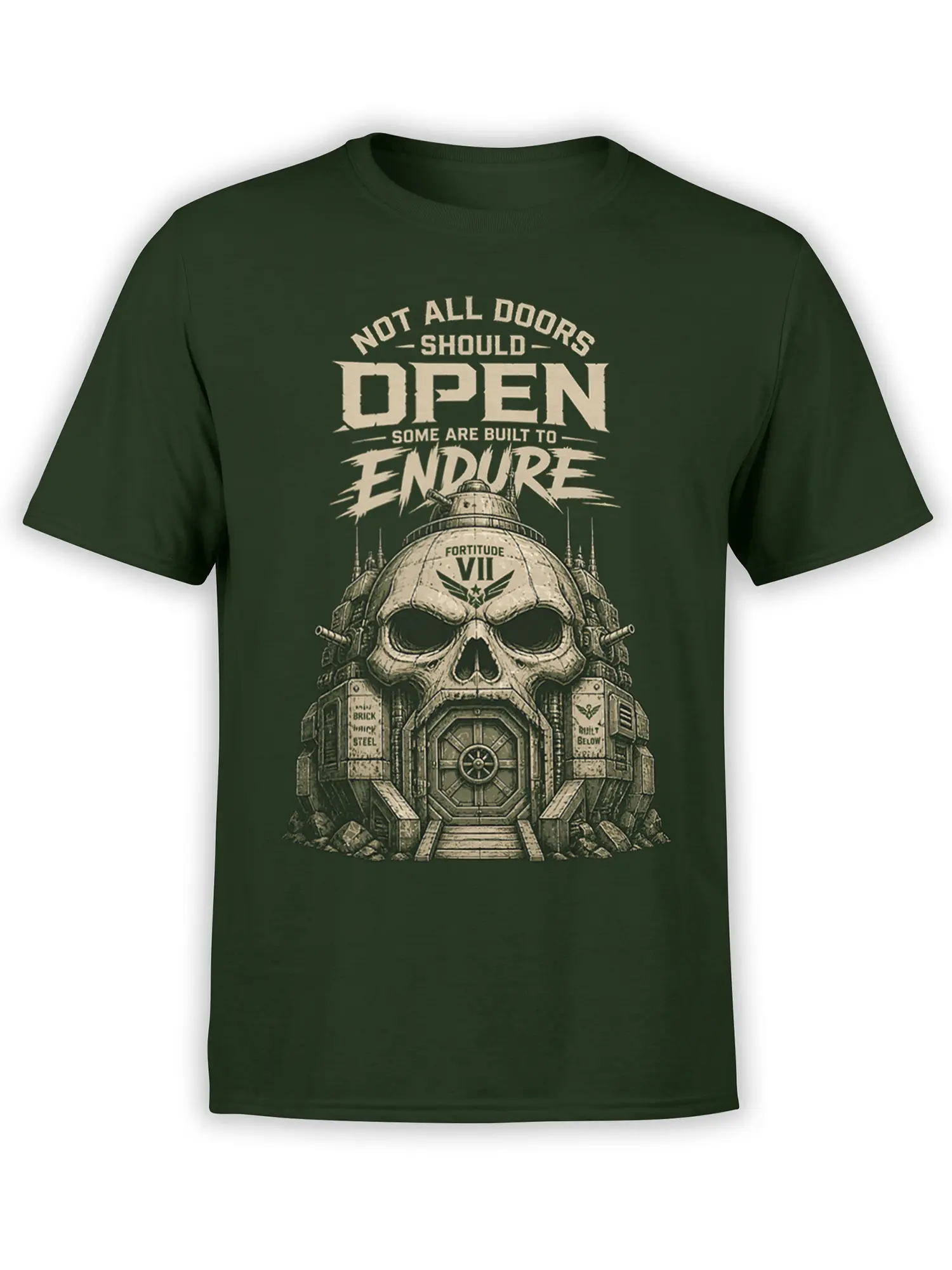 Dark green T-shirt with a cream skull fortress, sealed door, and “Not All Doors Should Open” artwork