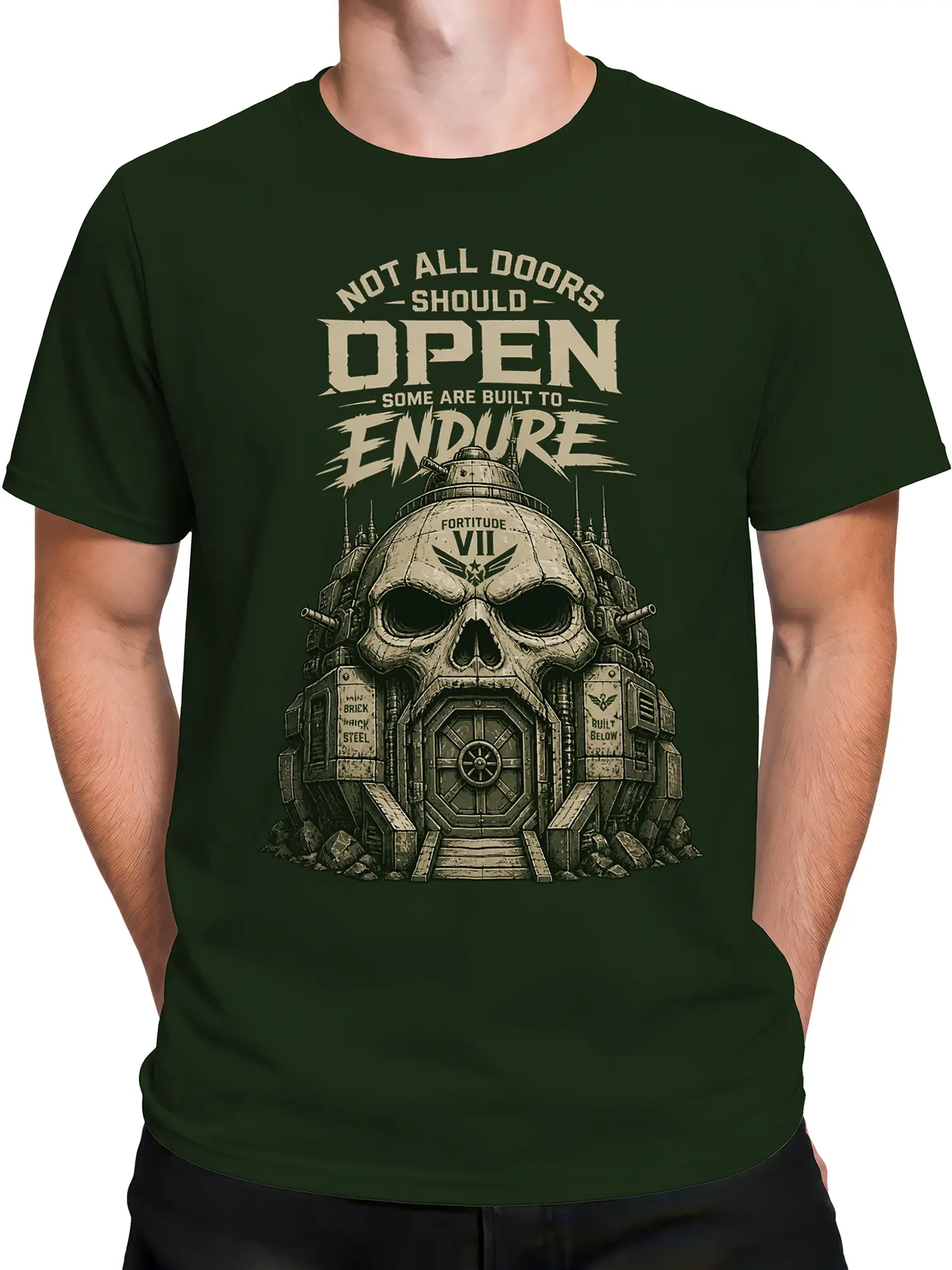 Male torso wearing a dark green T-shirt with a distressed cream fortress skull design