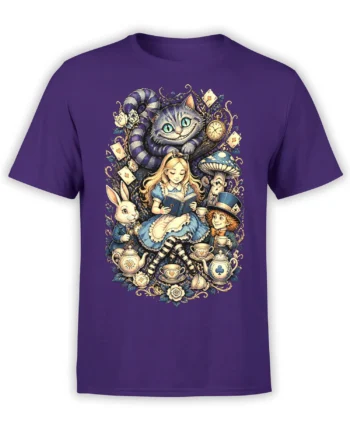 Purple T-shirt with a whimsical storybook tea party, striped cat, rabbit, cards, teacups, and vintage illustration details