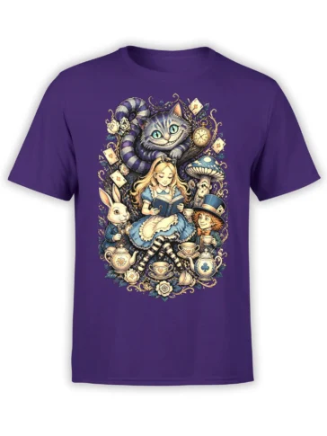 Purple T-shirt with a whimsical storybook tea party, striped cat, rabbit, cards, teacups, and vintage illustration details