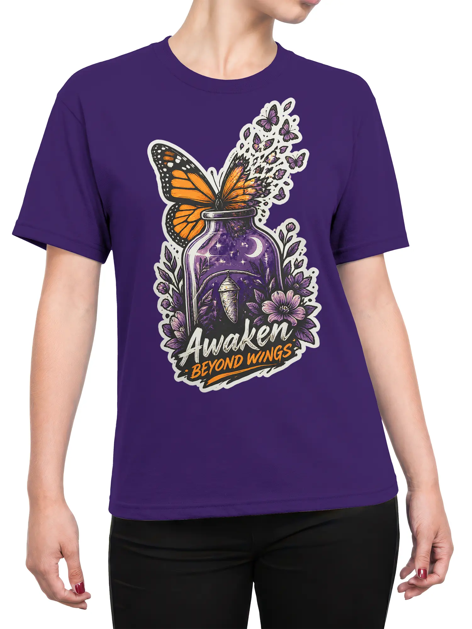Female torso wearing a purple butterfly shirt with mystical potion bottle and floral artwork