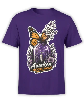 Purple butterfly T-shirt with an orange-winged butterfly rising from a starry potion bottle