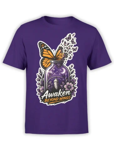 Purple butterfly T-shirt with an orange-winged butterfly rising from a starry potion bottle