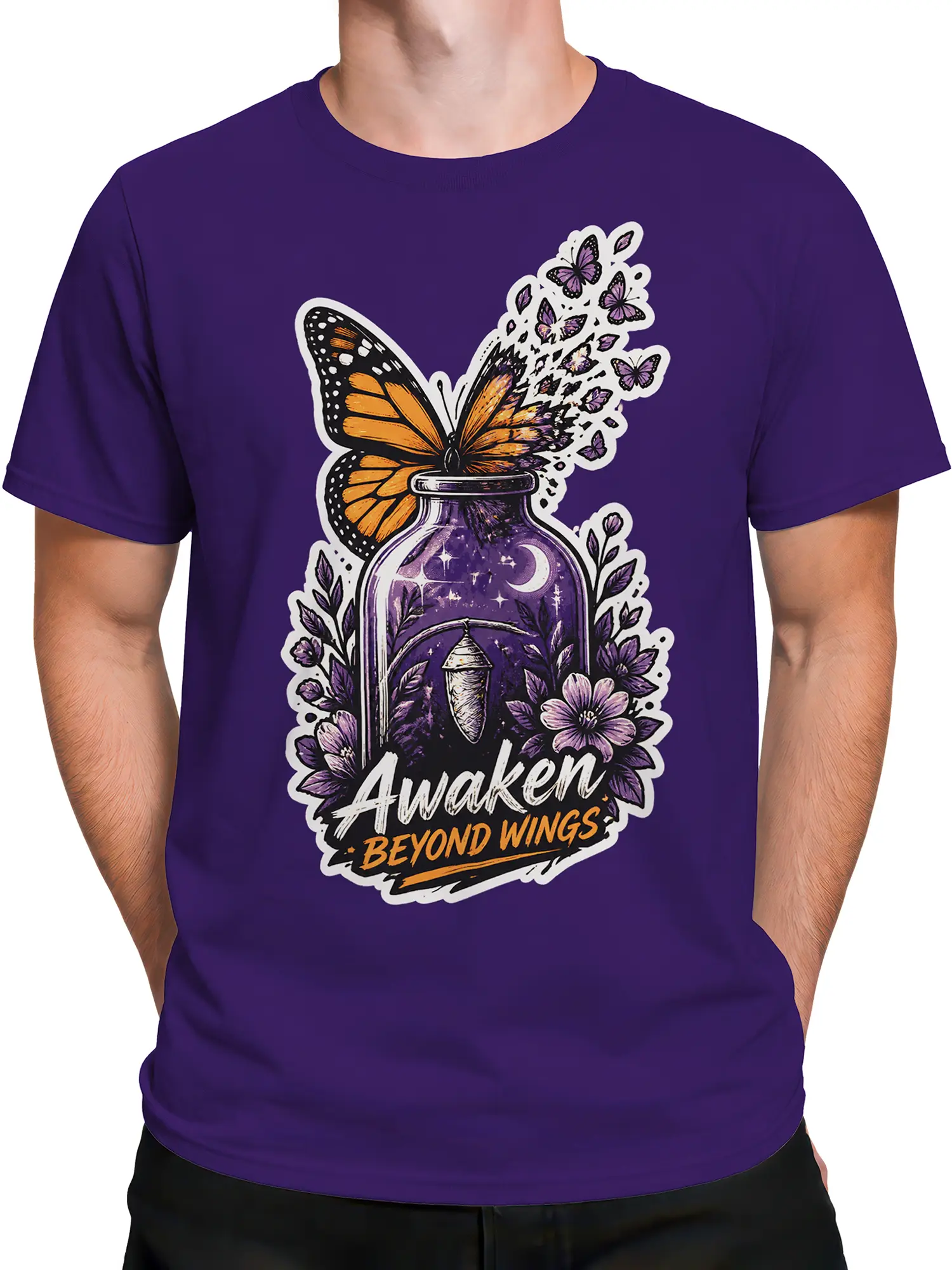 Male torso wearing a purple butterfly graphic tee with moonlit floral artwork