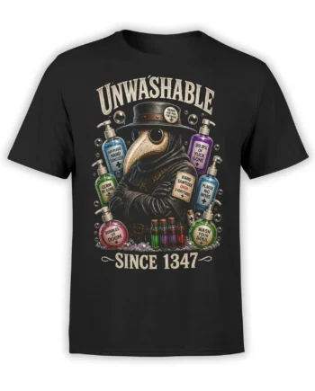 Black T-shirt with a vintage plague doctor graphic, sanitizer bottles, bubbles, and the words Unwashable Since 1347
