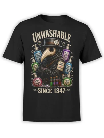 Black T-shirt with a vintage plague doctor graphic, sanitizer bottles, bubbles, and the words Unwashable Since 1347