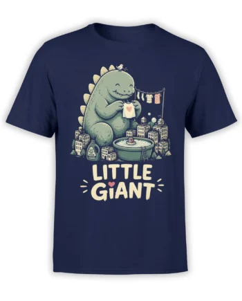 Little Giant dinosaur-like creature holding a heart shirt above a tiny city on a navy graphic tee