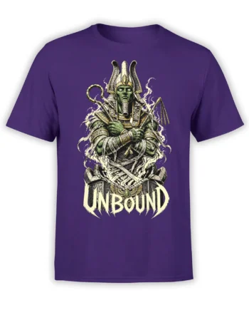 Purple T-shirt with an Egyptian-inspired green warrior, ornate armor, crossed weapons, and UNBOUND lettering