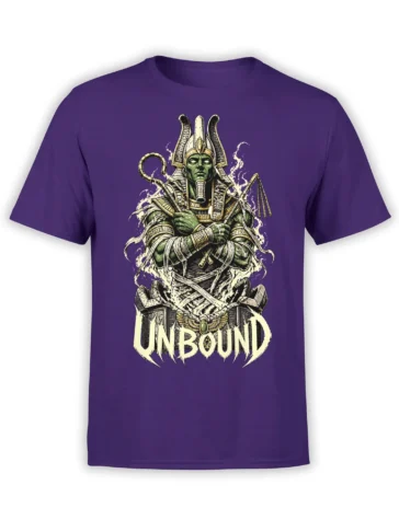 Purple T-shirt with an Egyptian-inspired green warrior, ornate armor, crossed weapons, and UNBOUND lettering