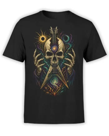 Colorful cosmic skull guitar graphic with skeletal hands on a black T-shirt