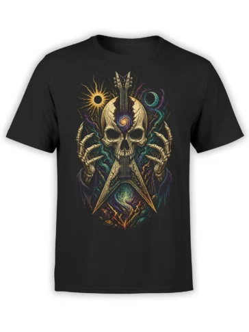 Colorful cosmic skull guitar graphic with skeletal hands on a black T-shirt