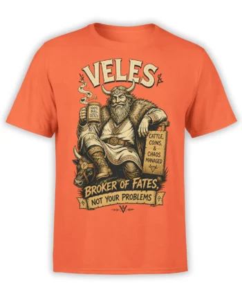 Orange T-shirt with a horned bearded figure, bull, mug, and vintage “Broker of Fates” artwork