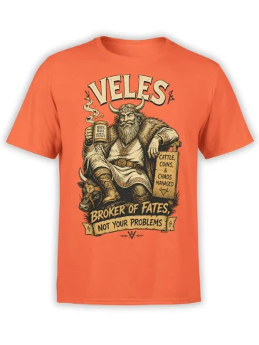 Orange T-shirt with a horned bearded figure, bull, mug, and vintage “Broker of Fates” artwork