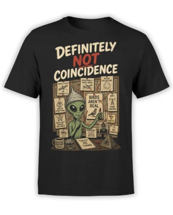 Black alien conspiracy graphic tee with a green foil-hat alien and vintage evidence board artwork
