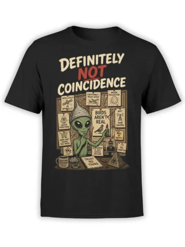 Black alien conspiracy graphic tee with a green foil-hat alien and vintage evidence board artwork
