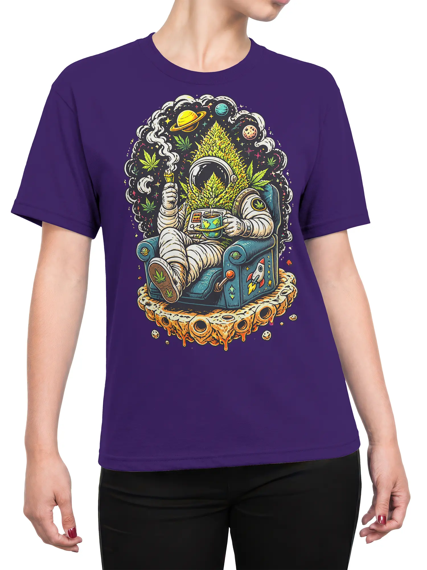 Female torso wearing a purple astronaut t-shirt with cosmic planets, smoke, cannabis leaves, and colorful retro artwork