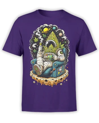 Purple astronaut t-shirt with a relaxed space explorer, planets, smoke, cannabis leaves, and a retro chair