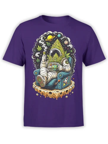 Purple astronaut t-shirt with a relaxed space explorer, planets, smoke, cannabis leaves, and a retro chair